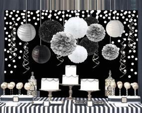 img 3 attached to Черно-серый набор для украшения вечеринки: цветные шары из тканевой бумаги, бумажные фонарики, вымпелы и спиральки для празднования дня рождения, девичника, выхода на пенсию и выпускного вечера.