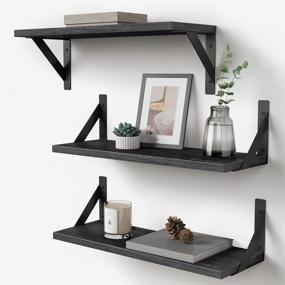 img 4 attached to 🔲 Set of 3 Grey Black Wooden Floating Shelves - Ideal for Bathroom, Bedroom, Rustic Wall Storage, Organizing Living Room, Kitchen, Office - Forbena