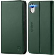 shieldon iphone xr case - genuine leather flip wallet cover with rfid blocking, card slots, and kickstand - midnight green (6.1 inch) logo