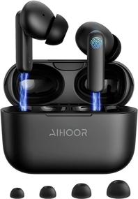 img 4 attached to 🎧 Беспроводные наушники AIHOOR - Bluetooth 5.0 вкладыши для iOS и Android телефонов - дополнительный бас, встроенный микрофон, сенсорное управление - чехол для зарядки USB, 30-часовой аккумулятор наушников - водонепроницаемые спортивные наушники (черные)