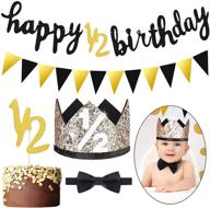 🎉 sparkon glitter 6-month happy birthday banner set with half year celebration banner, glitter 1/2 year cake topper, triangle flag banner, half birthday crown hat, and bow tie in black and gold logo