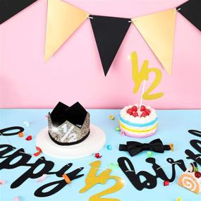 img 3 attached to 🎉 Sparkon Glitter 6-Month Happy Birthday Banner Set with Half Year Celebration Banner, Glitter 1/2 Year Cake Topper, Triangle Flag Banner, Half Birthday Crown Hat, and Bow Tie in Black and Gold