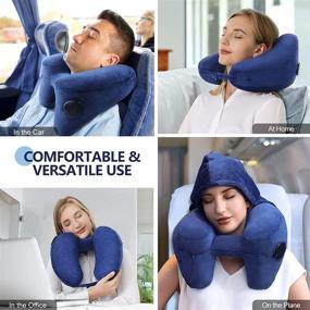 img 3 attached to 🌍 Подушка для шеи для путешествий "Ultimate Comfort" на надувной основе, с мягким велюровым чехлом, шапкой, сумкой, 3D-маской для глаз и берушами - синий