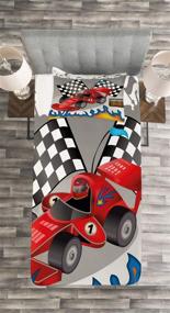 img 1 attached to Rev Up Your Bedroom with Lunarable Cars Bedspread and Pillow Sham Set - Twin Size Grey Red Race Car Finish Line Flags Pilot Abstract Plain Background Print
