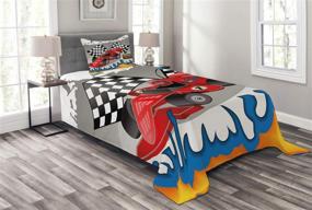 img 3 attached to Rev Up Your Bedroom with Lunarable Cars Bedspread and Pillow Sham Set - Twin Size Grey Red Race Car Finish Line Flags Pilot Abstract Plain Background Print