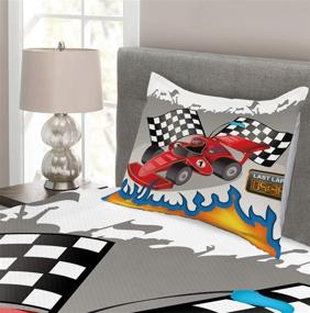 img 2 attached to Rev Up Your Bedroom with Lunarable Cars Bedspread and Pillow Sham Set - Twin Size Grey Red Race Car Finish Line Flags Pilot Abstract Plain Background Print