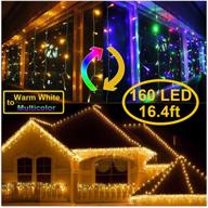 🎄 colorful outdoor christmas lights: 160 led 16.4ft 9 modes curtain fairy string light with 64 drops, green wire - perfect for wedding party holiday christmas decorations, warm white to multicolor transition logo