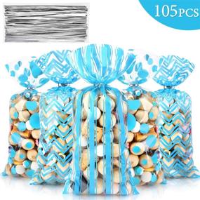 img 2 attached to 🎁 Blue 105-Piece Baby Shower Cellophane Treat Bags with Polka Dot Stripes Chevron Patterns + 100 Silver Twist Ties - Perfect for Christmas, New Year, and Birthday Party Decorations!