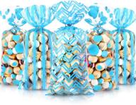 🎁 blue 105-piece baby shower cellophane treat bags with polka dot stripes chevron patterns + 100 silver twist ties - perfect for christmas, new year, and birthday party decorations! logo