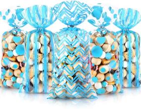 img 4 attached to 🎁 Blue 105-Piece Baby Shower Cellophane Treat Bags with Polka Dot Stripes Chevron Patterns + 100 Silver Twist Ties - Perfect for Christmas, New Year, and Birthday Party Decorations!