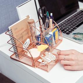 img 1 attached to 🌸 Chic Rose Gold Desk Organizer: Stylish Home Office Accessories & Supplies, Feminine Desktop Stationary Essentials Set with 5 Mesh Caddy Compartments +1 Mini Sliding Drawer