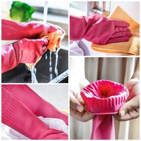 img 2 attached to 🌹 Rose Red Small Rubber Dishwashing Gloves - 3 Pairs for Kitchen & Household Cleaning | Long-lasting, Waterproof, Reusable & Durable