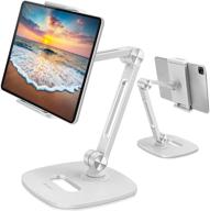 📱 b-land adjustable tablet stand - desktop tablet holder mount with foldable phone stand, 360° swivel phone clamp mount holder - compatible with 4-13" tablets/phones, nintendo switch, kindle - white logo