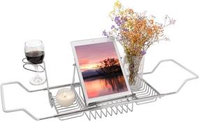 img 4 attached to YJHome Stainless Bathtub Tray Caddy: Expandable Nonslip Bath Table Tray with Wine Glass Holder, iPad Stand, and Luxury Bathroom Accessories
