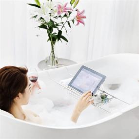 img 1 attached to YJHome Stainless Bathtub Tray Caddy: Expandable Nonslip Bath Table Tray with Wine Glass Holder, iPad Stand, and Luxury Bathroom Accessories
