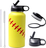 🥎 yellow softball 32 oz water bottle - flask sports, 2 lids, double wall vacuum insulated stainless steel tumbler for hot/cold drinks (32oz) логотип