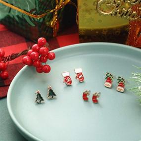 img 2 attached to 🎄 Christmas Stud Earrings - Snowman, Santa Claus, Xmas Deer, Stocking Hat, Gloves, Bell, Bow, Christmas Tree Stud Charms Jewelry Set for Women and Girls