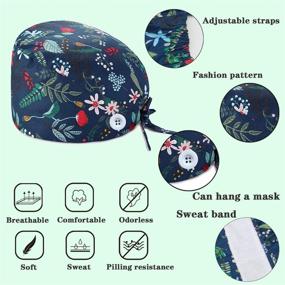 img 3 attached to 🧢 6-Piece Cute Cotton Printed Working Cap with Button, Sweatband and Adjustable Tie Back - Bouffant Hat for Women and Men