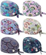 🧢 6-piece cute cotton printed working cap with button, sweatband and adjustable tie back - bouffant hat for women and men logo