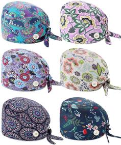 img 4 attached to 🧢 6-Piece Cute Cotton Printed Working Cap with Button, Sweatband and Adjustable Tie Back - Bouffant Hat for Women and Men