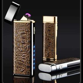 img 1 attached to Gold Leather Texture Business Plasma Lighter with Flashlight USB 🔥 Rechargeable Novelty Flameless Lighter featuring LED Lighting, Windproof Electric Arc Lighter