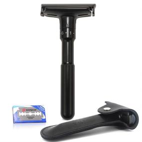 img 4 attached to Premium Adjustable Safety Razor Set with Leather Sleeve & Titanium Coated Blades - RZ700