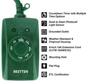 img 3 attached to 🌙 BESTTEN Weatherproof Outdoor Timer with Photocell Light Sensor, Dusk to Dawn Countdown, Grounded Outlet, Plug-in Switch for Christmas Decorations and Outdoor Lighting - Green, ETL Listed
