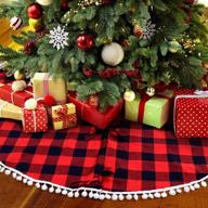 🎄 ourwarm 48 inch red and black buffalo plaid christmas tree skirt with pom pom trim - double layers xmas tree skirt for holiday decorations логотип
