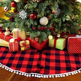 img 4 attached to 🎄 OurWarm 48 Inch Red and Black Buffalo Plaid Christmas Tree Skirt with Pom Pom Trim - Double Layers Xmas Tree Skirt for Holiday Decorations