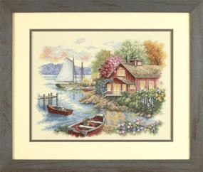 img 1 attached to 🏞️ Peaceful Lake House" Cross Stitch Kit | 14 Count Ivory Aida | 14" x 11" by DIMENSIONS