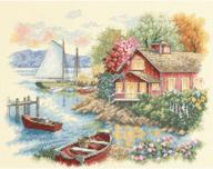 🏞️ peaceful lake house" cross stitch kit | 14 count ivory aida | 14" x 11" by dimensions logo