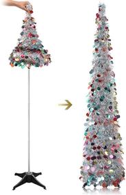 img 4 attached to 5ft Pop Up Christmas Tree: Shiny Sequin Slim Collapsible Tinsel Coastal Decor for Halloween & Holiday Xmas Office Fireplace Indoor Outdoor, Silver