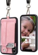 📱 toovren iphone x/xs wallet case with lanyard neck strap - protective cover & stand - pu leather card holder - adjustable & detachable iphone lanyard - anti-theft pink logo