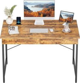 img 4 attached to 🖥️ Rustic Brown Fezibo Computer Desk - 47-inch Writing Desk with Gap Design, 2 Storage Drawers - Ideal for Home Office, Makeup Vanity Table