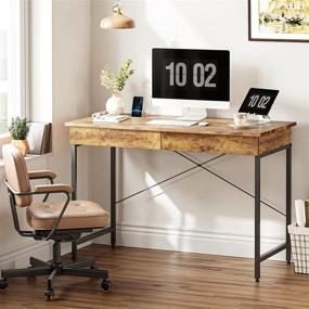 img 3 attached to 🖥️ Rustic Brown Fezibo Computer Desk - 47-inch Writing Desk with Gap Design, 2 Storage Drawers - Ideal for Home Office, Makeup Vanity Table