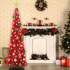 img 1 attached to 5 Ft Prelit Tinsel Pop Up Christmas Tree with Timer, 50 Color Lights, 30 Ball Ornaments & Star. Battery Operated Pencil Slim Tree Xmas Decoration for Home, Party, Indoor/Outdoor Use - Red