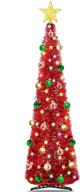 5 ft prelit tinsel pop up christmas tree with timer, 50 color lights, 30 ball ornaments & star. battery operated pencil slim tree xmas decoration for home, party, indoor/outdoor use - red logo