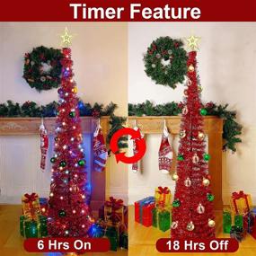 img 2 attached to 5 Ft Prelit Tinsel Pop Up Christmas Tree with Timer, 50 Color Lights, 30 Ball Ornaments & Star. Battery Operated Pencil Slim Tree Xmas Decoration for Home, Party, Indoor/Outdoor Use - Red