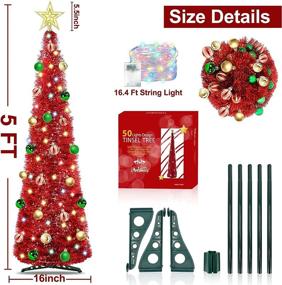 img 3 attached to 5 Ft Prelit Tinsel Pop Up Christmas Tree with Timer, 50 Color Lights, 30 Ball Ornaments & Star. Battery Operated Pencil Slim Tree Xmas Decoration for Home, Party, Indoor/Outdoor Use - Red