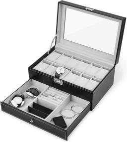 img 4 attached to ⌚ Премиум коробка для часов: стильный органайзер из искусственной кожи с 12 ячейками и выдвижным ящиком для ювелирных изделий.