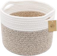 🧺 small rope basket - round woven basket with handle 9.5x9.5x7.1 in - cute cotton basket for nursery shelf - small storage basket - stitched brown beige mixed design style - 8.2l logo