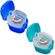 🦷 kiseer set of 2 denture bath cases: colorful holder storage containers with strainer basket for travel and cleaning - light blue and blue logo