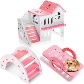 img 4 attached to 🐹 Skylety 3-Pieces Hamster Toys: DIY Wooden House, Rainbow Bridge, Seesaw Toy for Small Hamsters, Mice, Gerbils, and other Pets