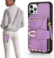 👜 zve rivet wallet case for iphone 12 pro max - light purple leather handbag with card slot, wrist strap, and crossbody chain logo