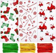 🍬 christmas cellophane treat bags - pack of 150 with santa claus, candy cane, and stocking print + 150 twist ties - perfect for party supplies and gifting, 3 festive styles logo