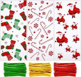 img 4 attached to 🍬 Christmas Cellophane Treat Bags - Pack of 150 with Santa Claus, Candy Cane, and Stocking Print + 150 Twist Ties - Perfect for Party Supplies and Gifting, 3 Festive Styles
