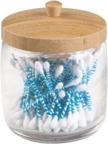 img 4 attached to 🏺 mDesign Glass Bathroom Vanity Storage Organizer: Clear Jar with Bamboo Lid for Cotton Balls, Swabs, Blenders, Makeup Sponges, Bath Salts, Hair Ties, Jewelry