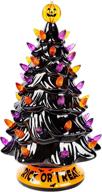pre-lit 12 inch twinkle star halloween ceramic tree - hand-painted mini tabletop tree with lighted orange & purple bulbs, pumpkin top, black glossy finish - pine tree holiday party decoration for all saints day logo