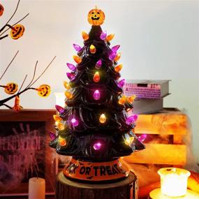 img 2 attached to Pre-lit 12 Inch Twinkle Star Halloween Ceramic Tree - Hand-Painted Mini Tabletop Tree with Lighted Orange & Purple Bulbs, Pumpkin Top, Black Glossy Finish - Pine Tree Holiday Party Decoration for All Saints Day