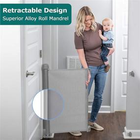 img 2 attached to 🚸 YOOFOR Retractable Baby Gate: Extra Wide Safety for Kids or Pets, 33” Tall, 55” Wide, Grey Mesh Dog Gate, Indoor/Outdoor, Stairs, Doorways, Hallways